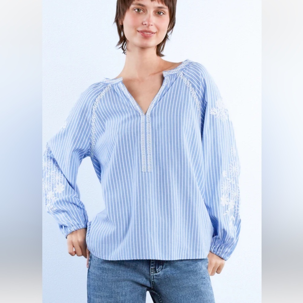 Billy T Blue Striped Embroidered Peasant Blouse Boho Coastal Cottagecore SP